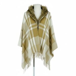 Mixit Tan Plaid Cape Wrap Faux Fur Trim Fringe Hem One Size Tan White
